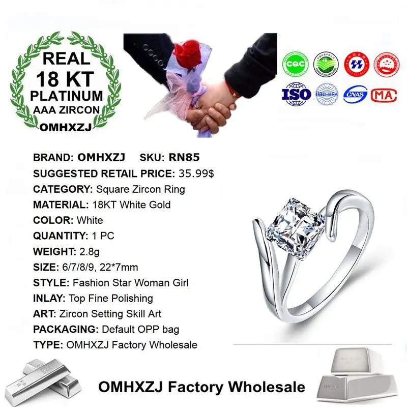 OMHXZJ Wholesale Personality Fashion OL Woman Girl Party Wedding Gift White Simple Square AAA Zircon 18KT Gold Ring RN85 | Украшения и