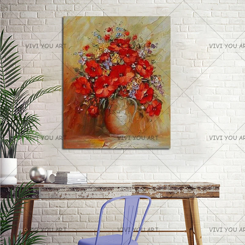

High Skills Artist 100% Handmade Beautiful Red Flower Abstract Oil Painting For Wall Decoration Modern Canvas Painting Picture