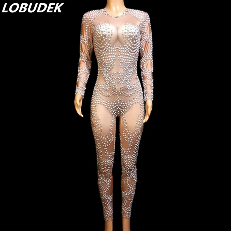 2019 Female Long Sleeve Big Stretch Jumpsuit Pearl Rhinestones Jumpsuits Bar Party Nightclub Show Stage Wear Sexy Dance Costume