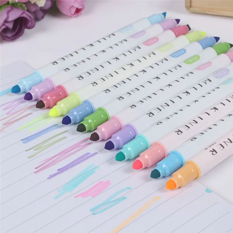 

12Pcs/Set Korean Highlighter Pens Double Headed Fluorescent Art Markers School Supplies Stationery Drawing Mark Pen