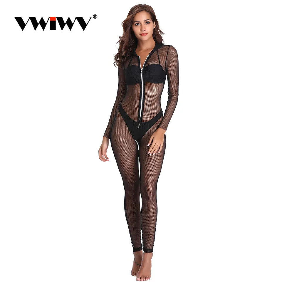 

VWIWV Women See Through Jumpsuit Summer Fashion Zipper Hoddies Outfits Long Sleeve Bodycon 1 Piece Hollow out Rompers
