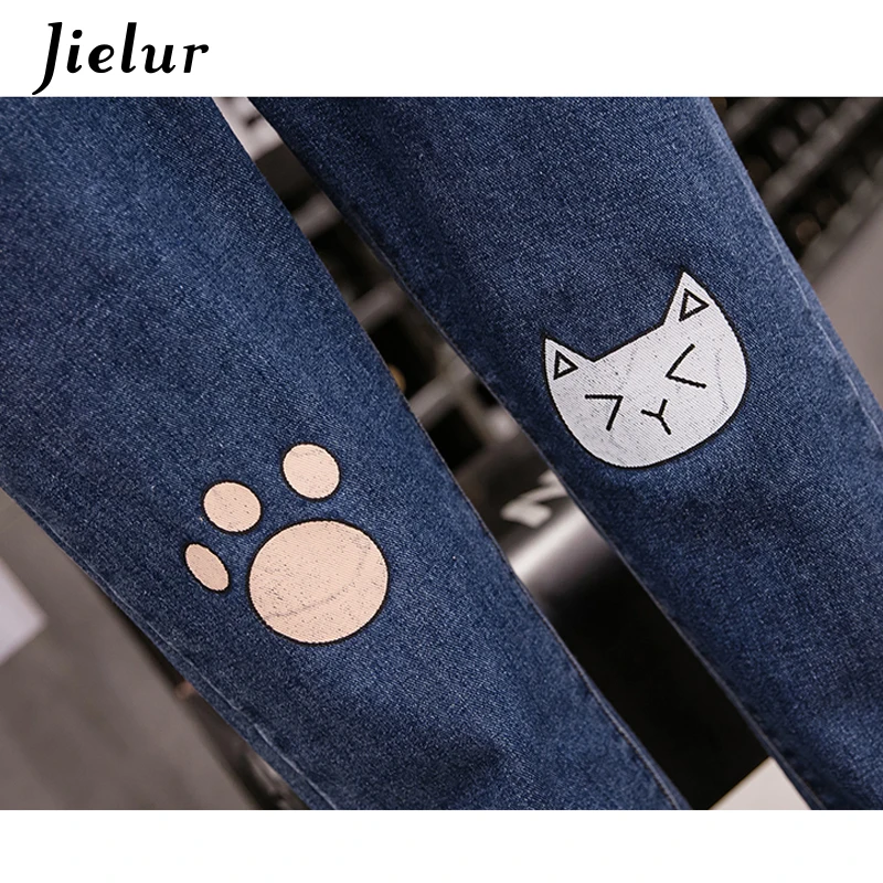 Jielur Harajuku больших размеров джинсы для женщин японский Kawaii Cat ног Печатный Высокая