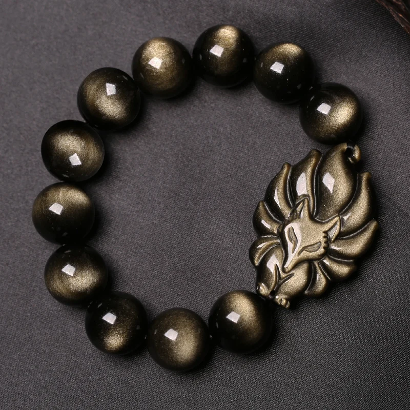 Pulseira de pedras naturais de raposa e obsidiana de ouro, joias 8-16mm contas redondas com contas para mulheres/homens
