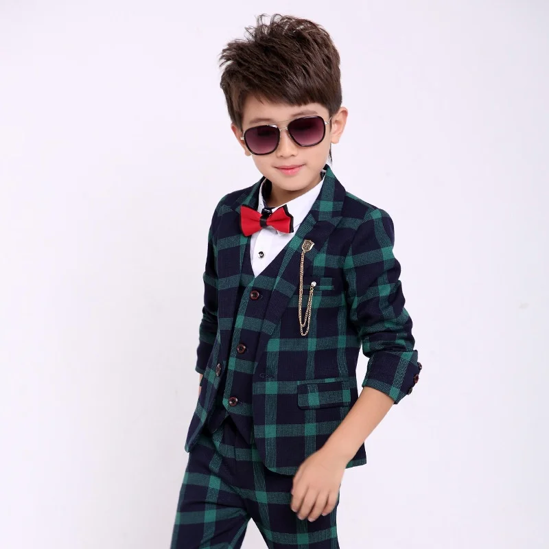 ActhInK New England-Style Young Boys Plaid Suits for Wedding Soft and Comfortable Single Button 3pcs Set Suit with Bow Tie TC126 | Детская