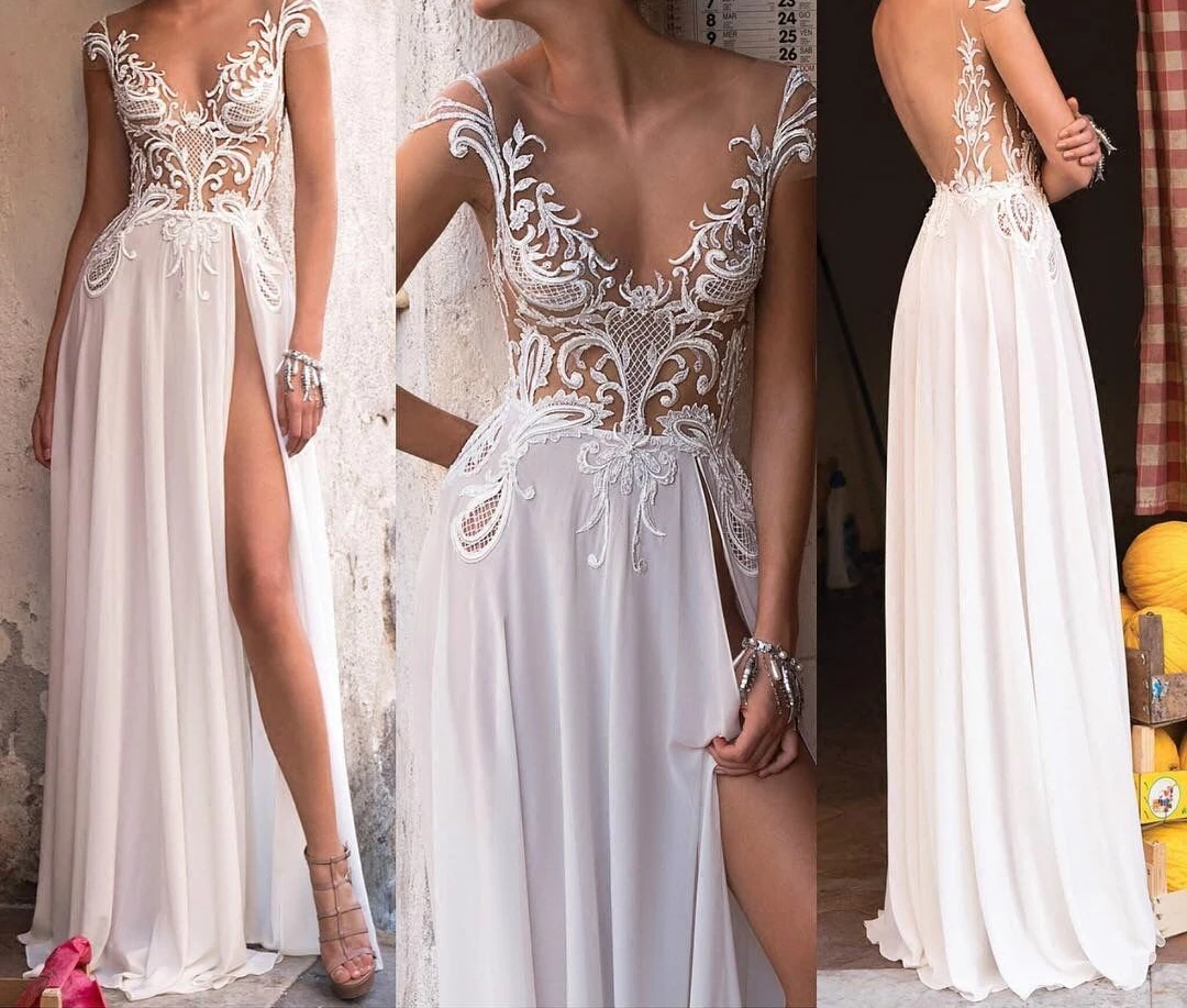 SSYFashion, новинка, белое вечернее платье, сексуальное, с открытой спиной, кружевное, с вышивкой, с высоким разрезом, пляжное платье, длинное, официальное, выпускное платье, Vestido De Fiesta