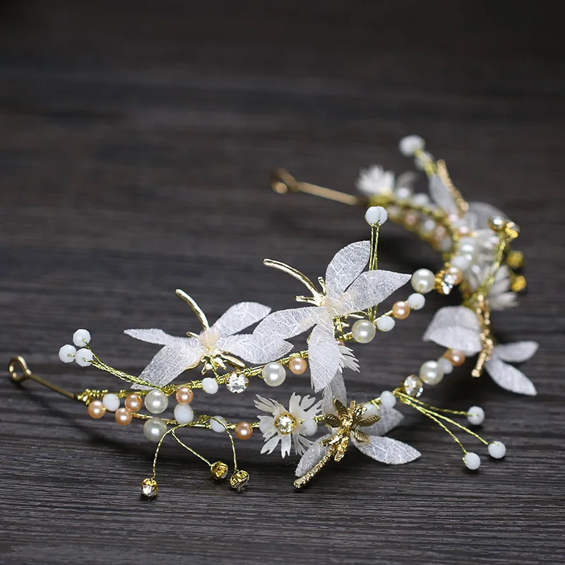 

New Yarn Dragonfly Hairband Handmade Bridal Wedding Hair Accessories Pearl Headpiece Bridal Hair Jewelry Party Hair Ornament