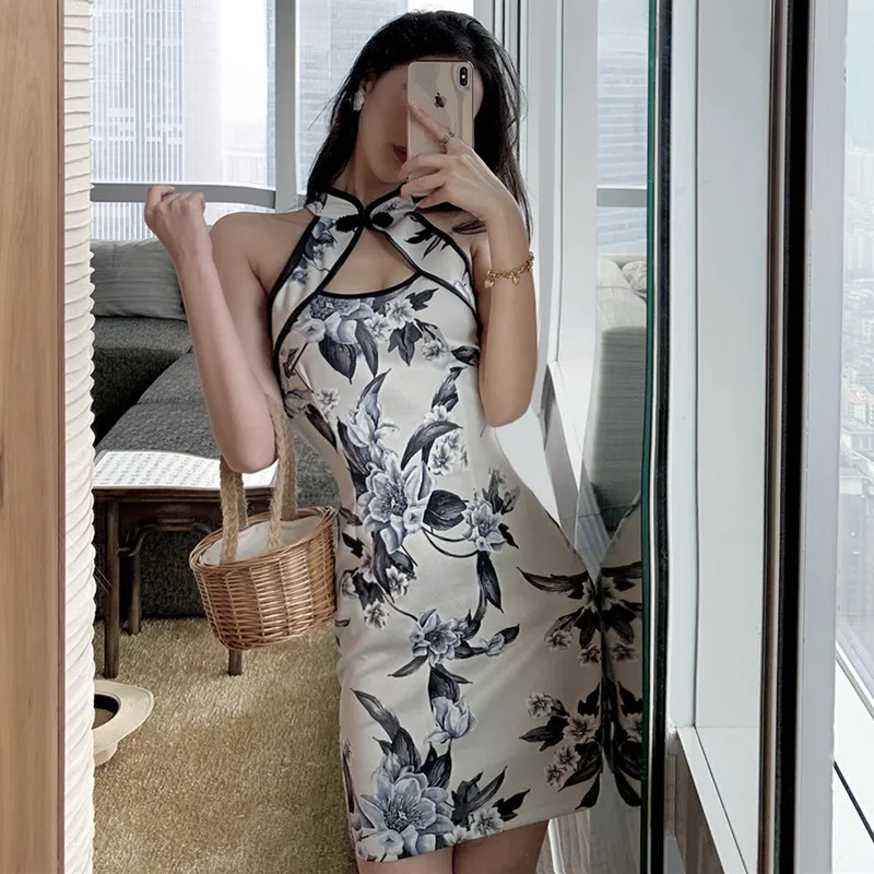 Real shot new fashion retro printing short Slim cheongsam dress elegant sexy party seaside vacation stretch mini | Женская одежда