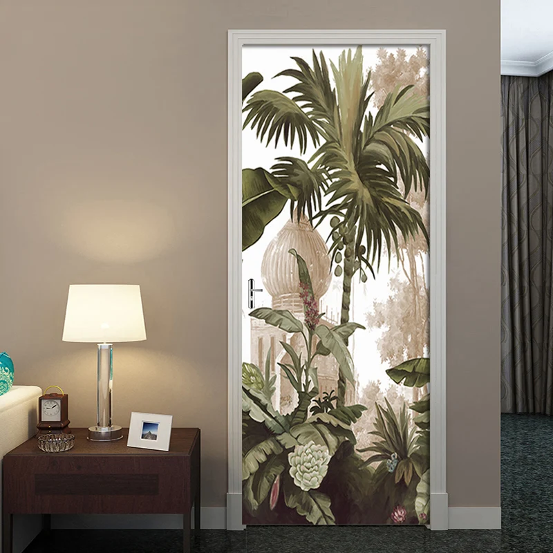 Европейские винтажные тропические листья 3D наклейка на дверь ПВХ самоклеящаяся
