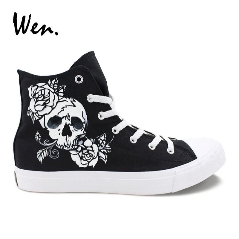 

Wen Hand Painted Casual Shoes Design Skull Roses Skeleton Canvas Sneakers Women High Top Men Vulcanized Soled Plimsolls
