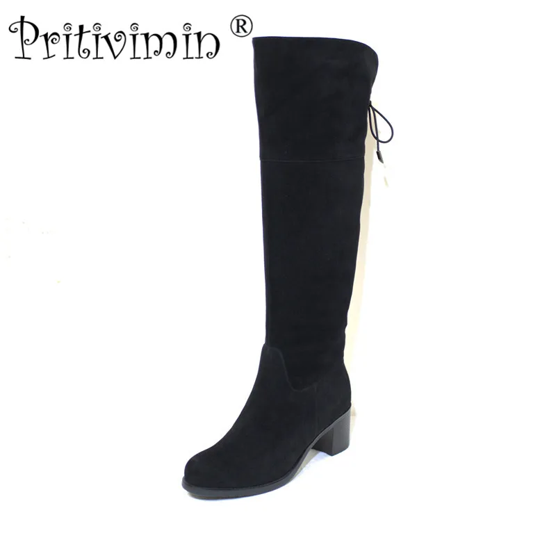 black Pritivimin fn79 дамы kide замши Bottes Femme зимние женские ручной работы Теплые Натуральная шерсть внутри на обувь для девочек выше колена высокие сапоги - Цвет: black