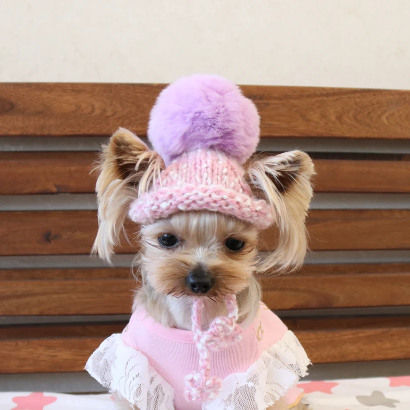 Шапки ручной работы вязаные фиолетовые пушистые шары Kawaii милые шапки для собак маленькие домашние животные кошки Мальтийская одежда для Йорка Чихуахуа Боми