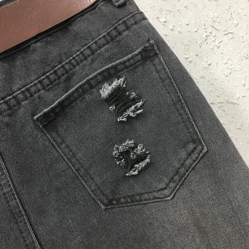 Summer Fall Fashion Designer Women Black Ripped Hole Sequined Placket Pencil Denim Skirt Woman High Waisted Beggar Jeans | Женская