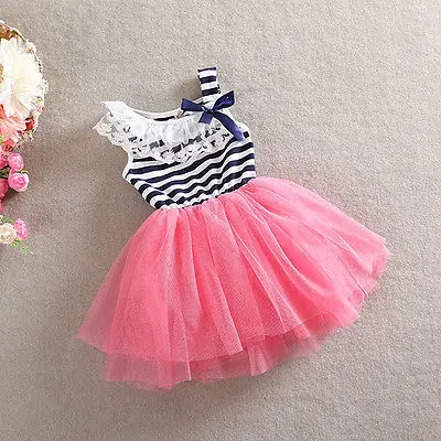Hot Sale Baby Girls Dress Kids Summer Princess Sleeveless Floral Stripe Tulle Silk Ribbon Lace Bow | Детская одежда и обувь