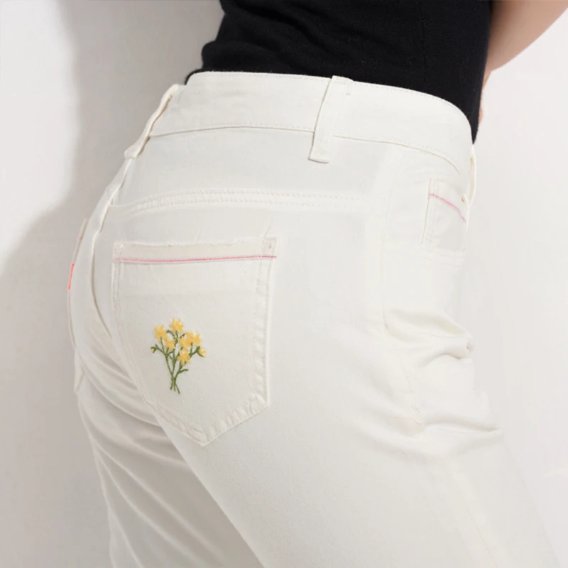 Женские рваные джинсы до щиколотки Benevolent белые корейские облегающие
