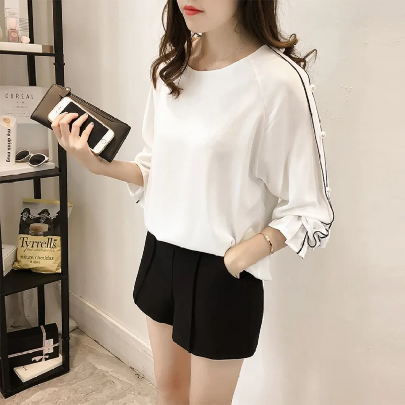 Плюс размер шифоновая рубашка женская 2018 Blusa бисерные Топы Осень с длинным