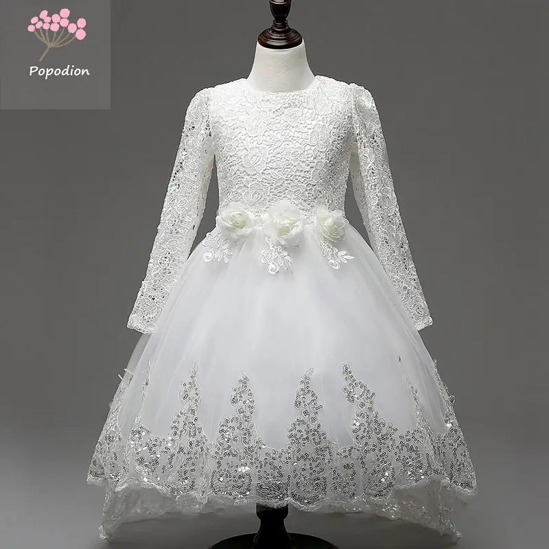 Кружевные платья с цветами для девочек детские Бальные длинными рукавами