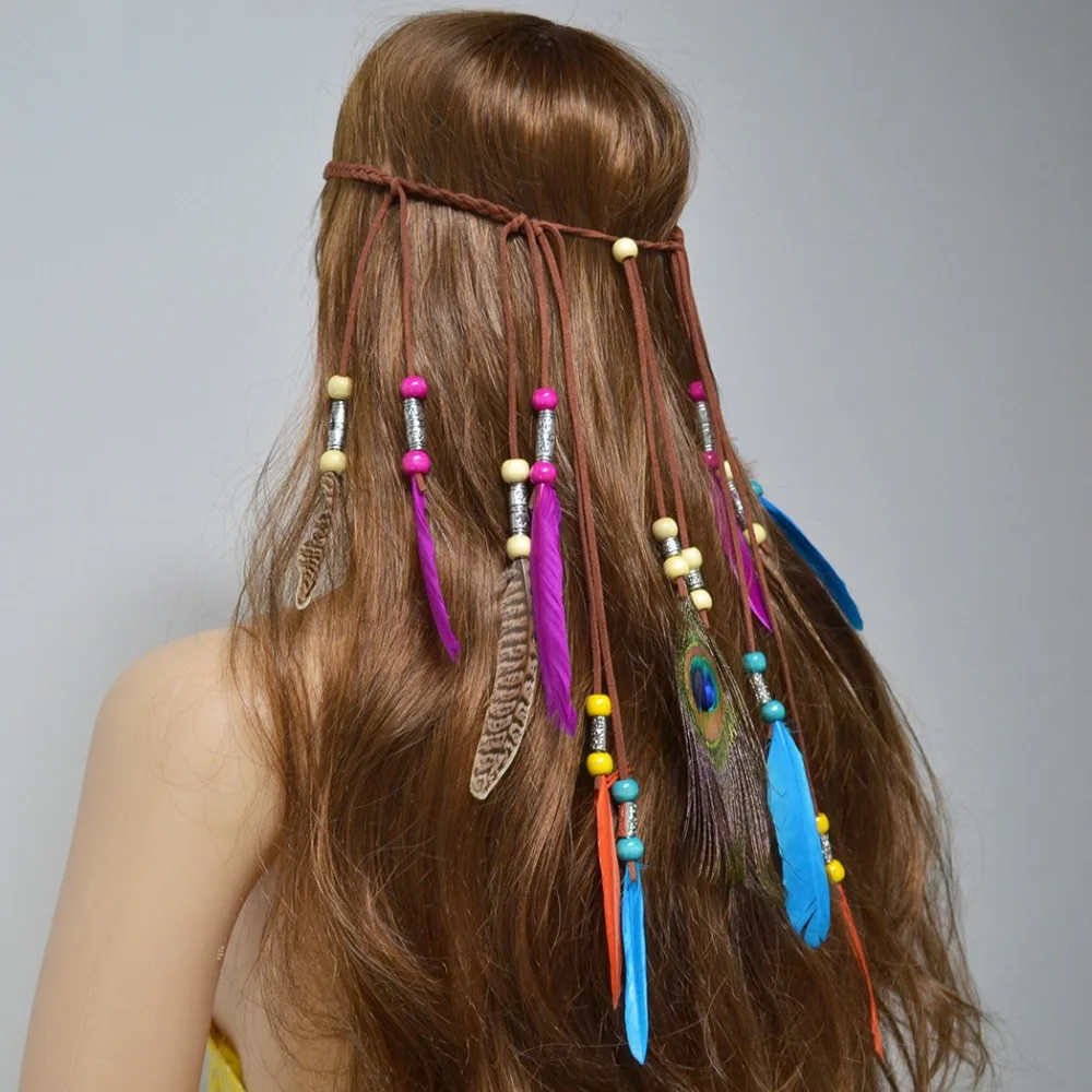 

Amazing Colorful Feather Festival Headbands Boho Rope Crown Women India Ethnic Resin Beads headwear Hair Accessories Heapiece