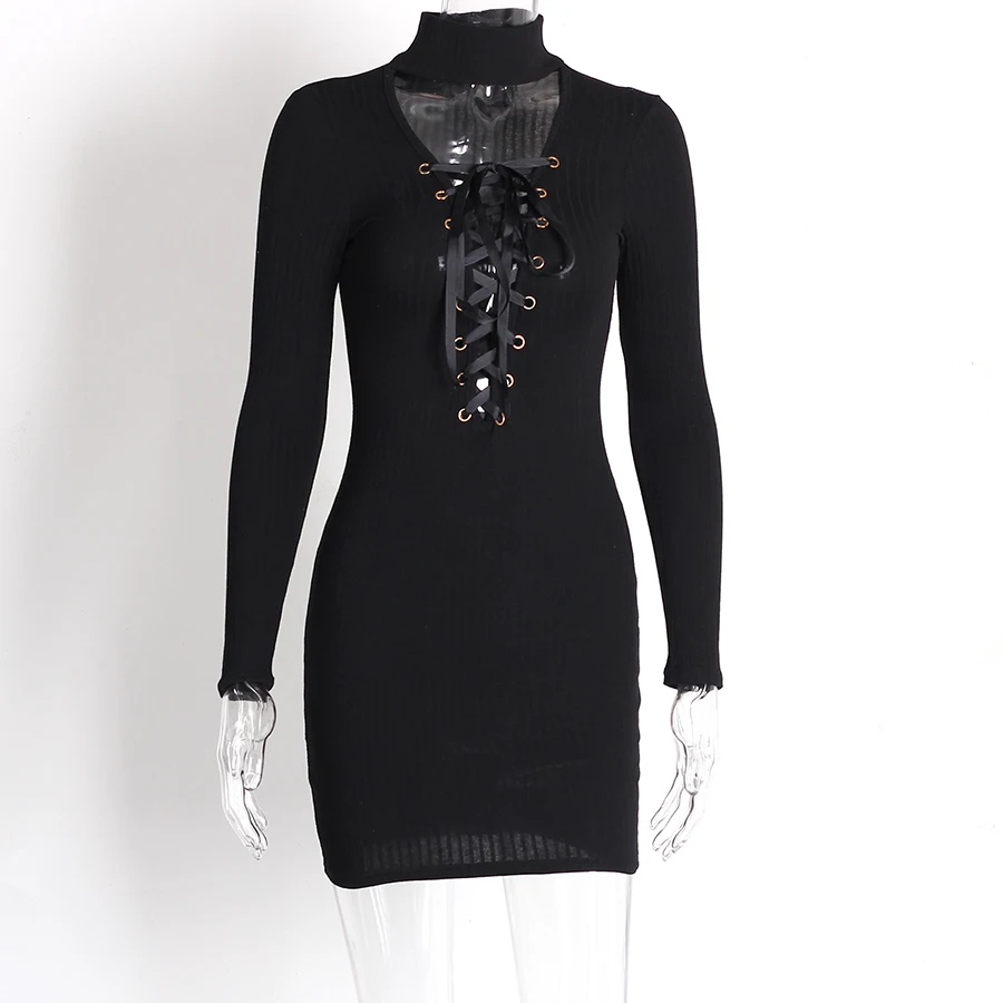 Sexy Bodycon Dresses For Women 2018 Autumn Lace Up Long Sleeve Pencil Dress Ladies Knitted Gray Black Clothes|Женские платья| |