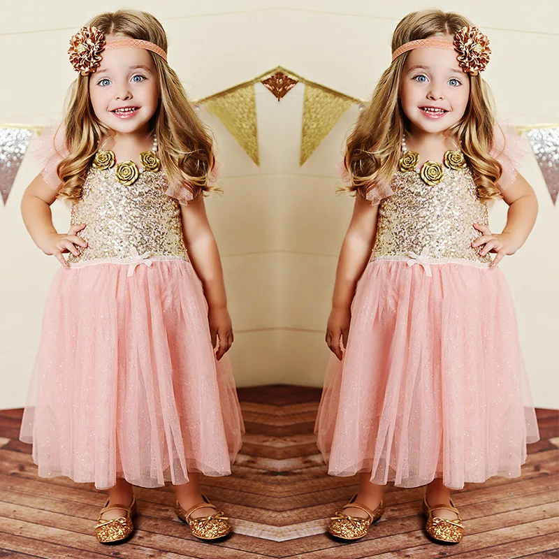 Cute Retail Baby Summer Dress Little Girl Gold Sequin Top with Pink Glitter Tulle Stitching Tutu Kids Party Princess | Детская одежда и