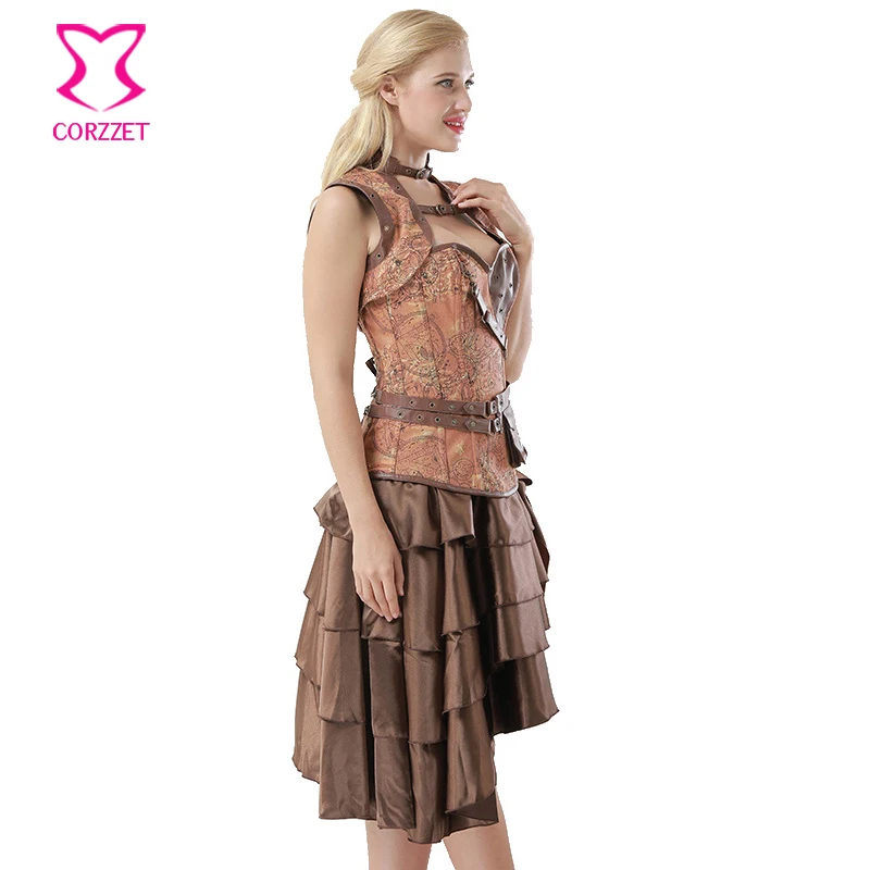 Коричневый винтажный принт джинсовая куртка + юбка корсет готические платья