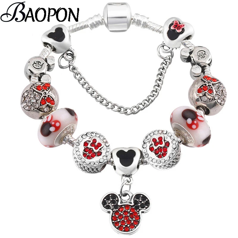 BAOPON мультфильм Кристалл Шарм Браслеты и браслеты для женщин с Микки Минни Белла бусины серебро тонкий ювелирный женский браслет