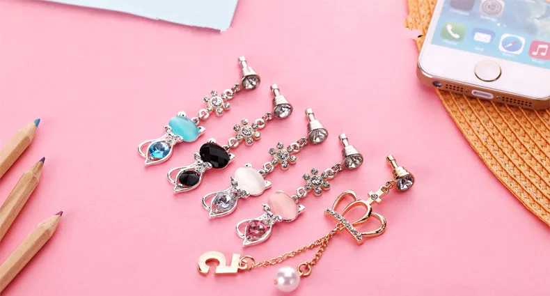 Rhinestone Cat Anti-dust Наушники пылезащитный Разъем для Iphone для samsung и универсальный мобильный телефон наушники мм 3,5 мм пылезащитный Разъем