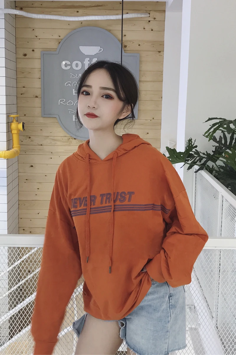 Новая мода Halajuku письмо печатных свободные тонкие милые Простые повседневные с длинным рукавом капюшоном женские толстовки