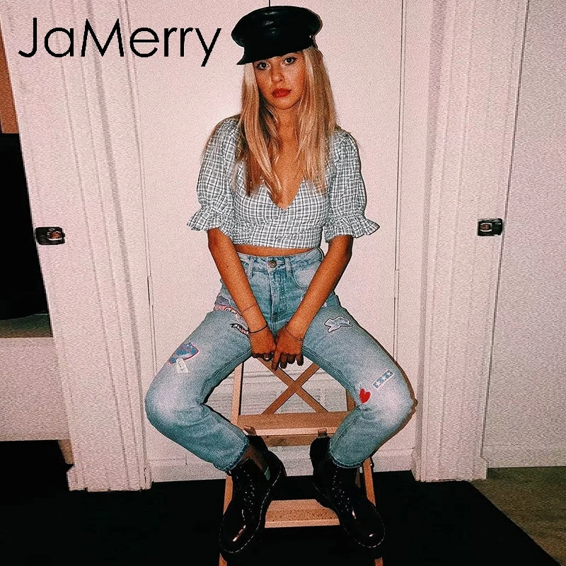 JaMerry винтажная Сексуальная клетчатая женская блуза рубашка Элегантная Пышный