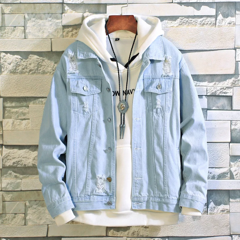 

Men's long sleeve hole washed denim jacket coat lapels teenagers cultivate one's morality men's jacket