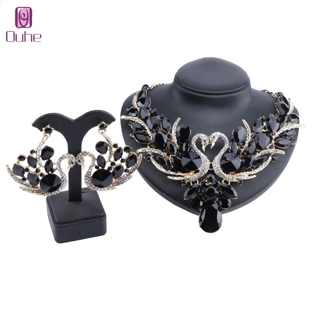 

Luxury Gold Color Crystal Glass New Collier Femme Double Swan Statement Necklace Earring For Women Party Wedding Jewelry Sets