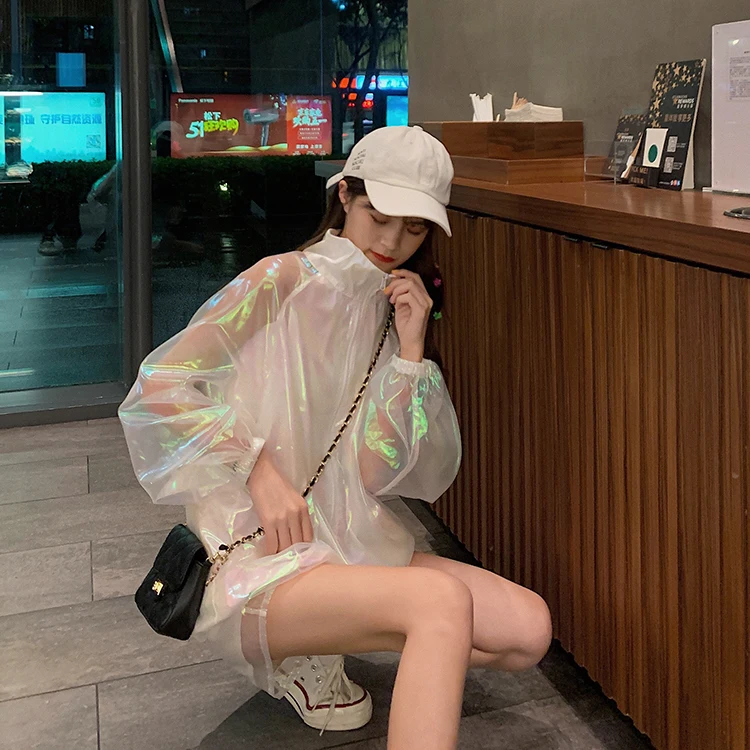 Harajuku/лазерный костюм для девочек; комплект из двух предметов: пальто и шорты; комплект из двух предметов; женская перспективная одежда; свободная Женский комплект 2 шт. одежда
