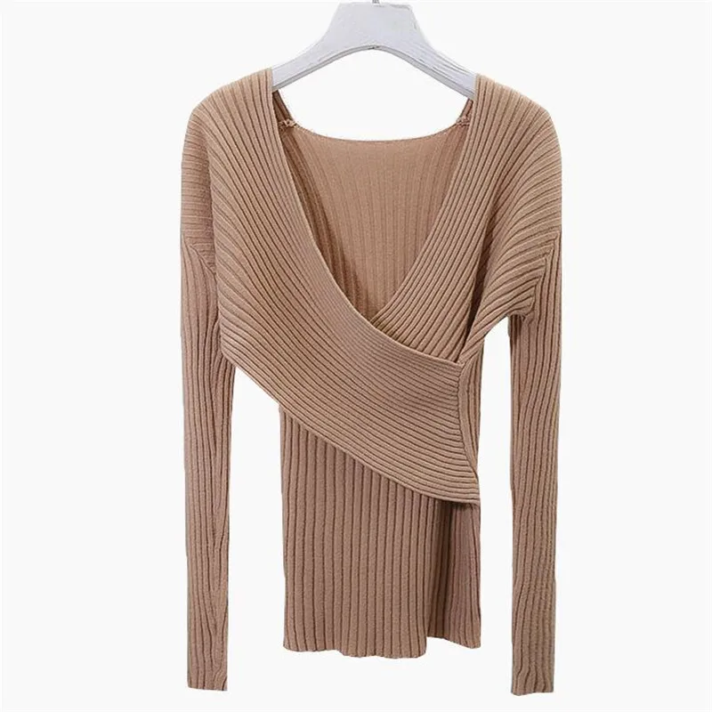 Korobov Solid Criss-Cross Women Tops Sweaters Long Sleeve V-neck Sueter Mujer Pullovers Autumn Winter Thick Warm Knitwear 51205 | Женская