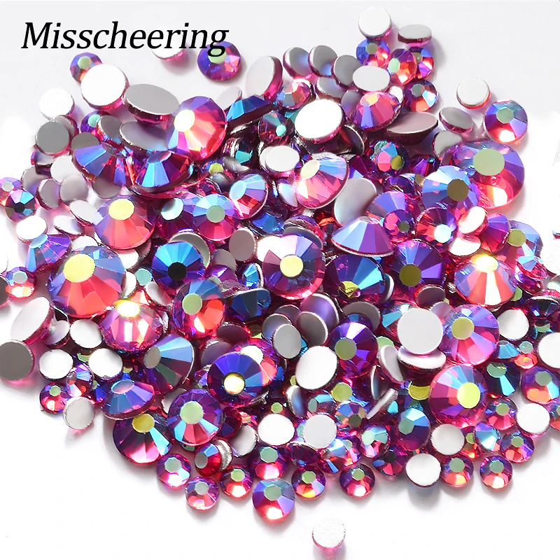 Цветные стразы цвета фуксия AB для дизайна ногтей с плоской задней поверхностью