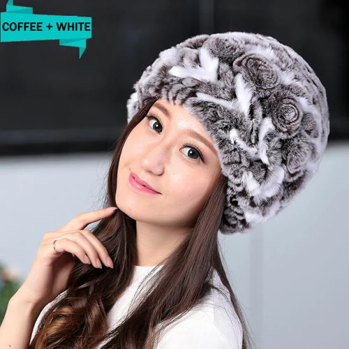coffee and white Новинка, эластичный Настоящий мех кролика, шапка, женская вязаная шапка из меха кролика Рекс, шапка, Россия, зимний полосатый Настоящий мех кролика, шапка s - Цвет: coffee and white