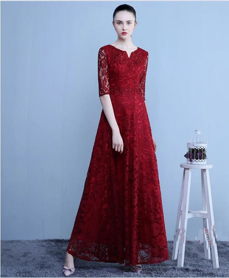 Burgundy Lace Formal Evening Dresses for Wedding Zipper Good Quality Prom Party Gowns Vestido De Noche Custom Made Half Sleeve |