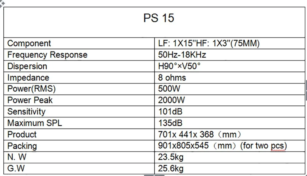 PS15 Профессиональное аудио полный диапазон 15 дюймов громкоговоритель высокой мощности сценический монитор