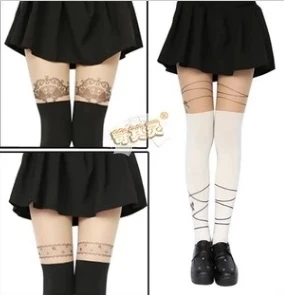 Милые черно-белые колготки принцессы в стиле Лолиты Харадзюку с принтом выше