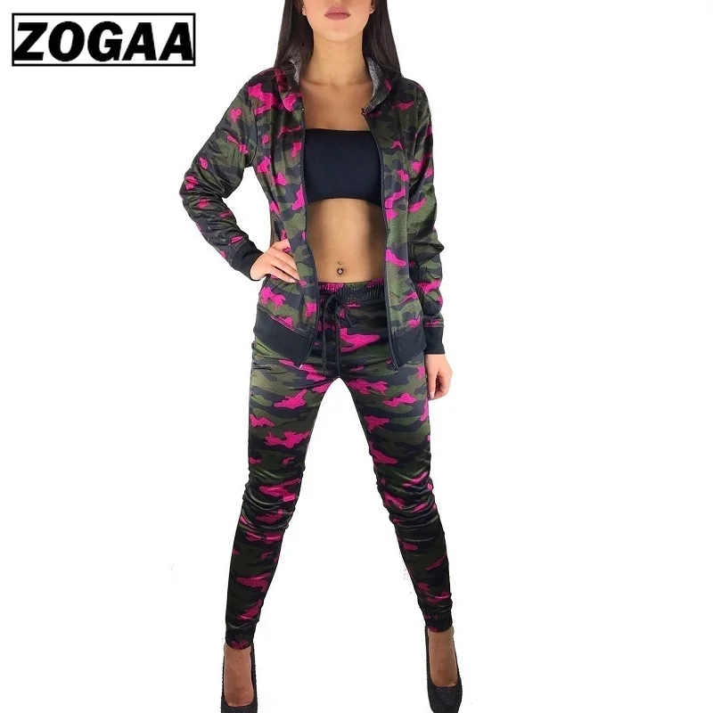 ZOGAA 2 шт. Женский комплект Камуфляжный тренировочный костюм Фитнес Брюки куртка