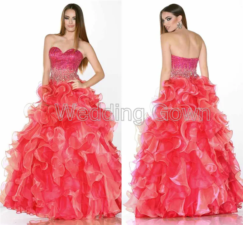 2014 New Design Tiered Ruffled Prom Dresses Ball Gown Pleat Beads Crystal Dress Strapless Backless Girls | Свадьбы и торжества