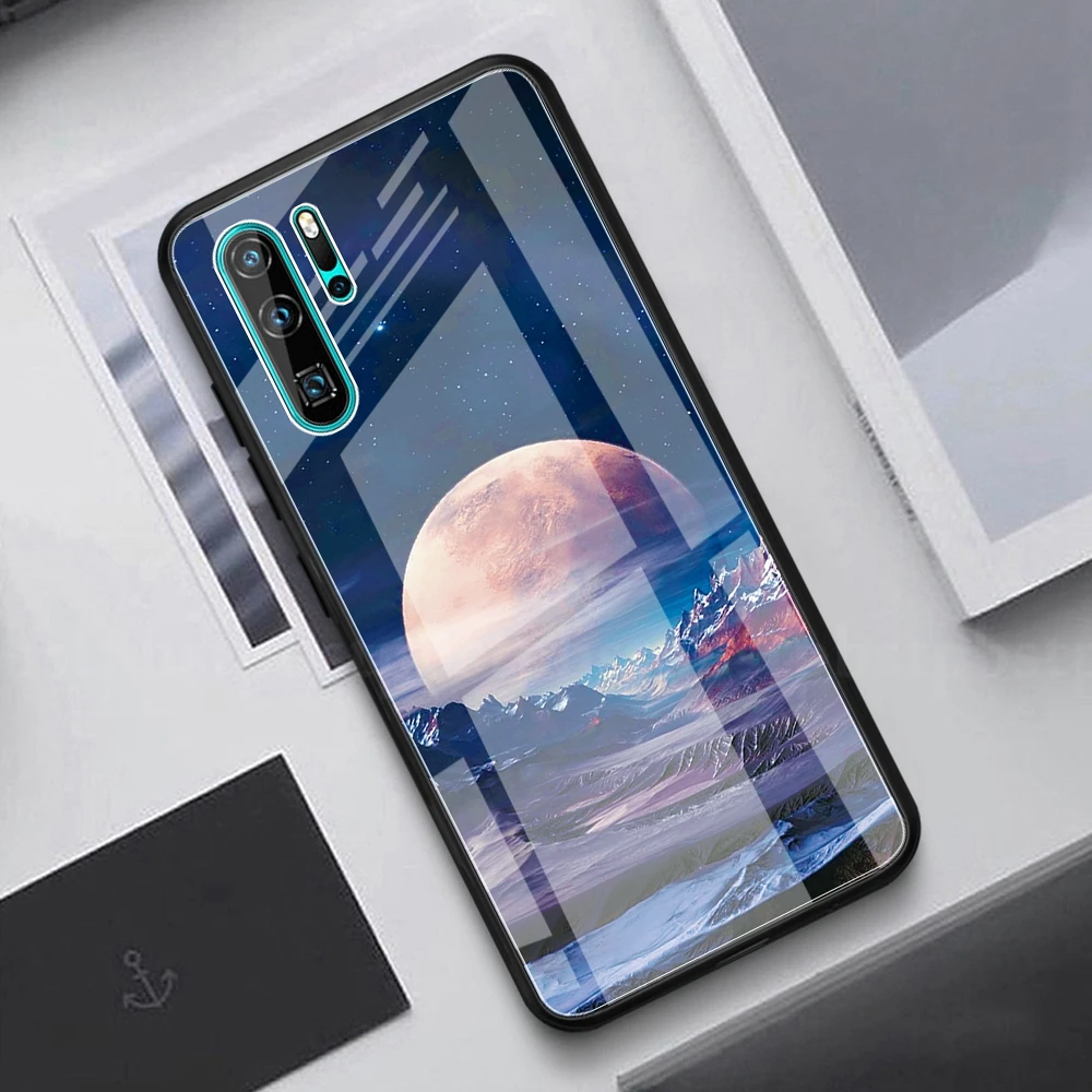 Чехол из закаленного стекла с изображением Луны и космоса для huawei P20 Lite P20 Pro P30 Lite P30 Pro, силиконовый чехол для телефона с рисунком