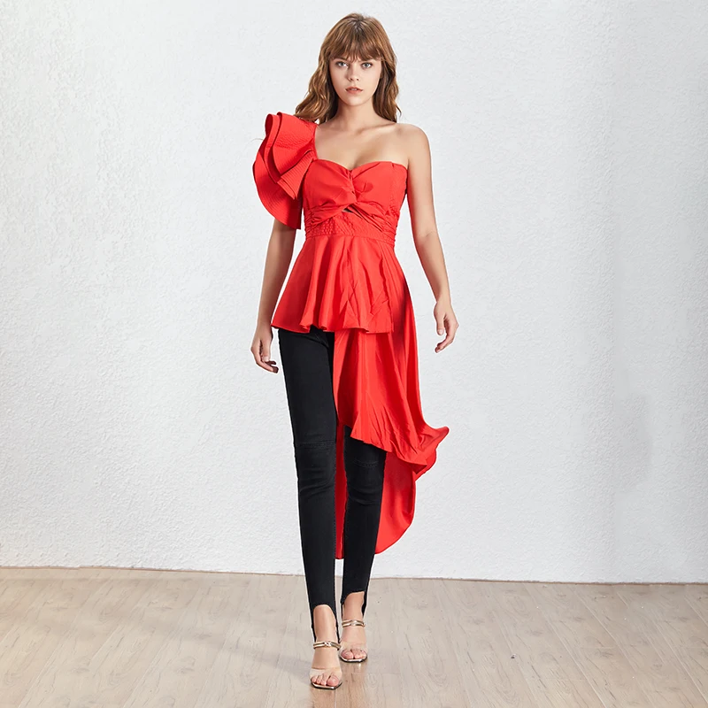 red TWOTWINSTYLE модная летняя женская рубашка с бантом, асимметричный воротник, открытая спина, с открытыми плечами, однотонная блузка, Топ для женщин, новинка - Цвет: red