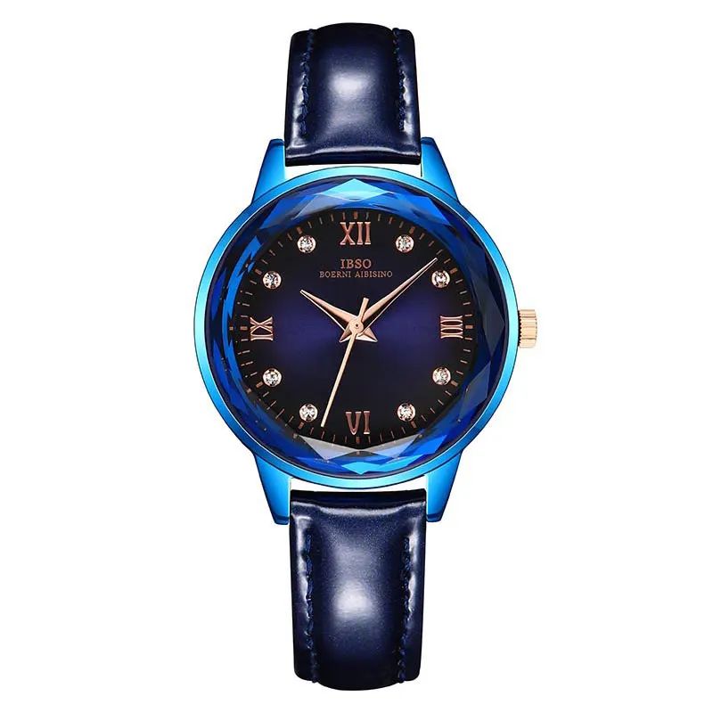 Blue IBSO Женские Кварцевые Часы Дамские кожаные Наручные часы модные блестящие стразы водонепроницаемые наручные часы подарок для жены - Цвет: Blue