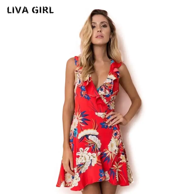 Liva девушка красный принт обертывание платье Короткие рукава фонарики Цветочные Мини женские летние платья