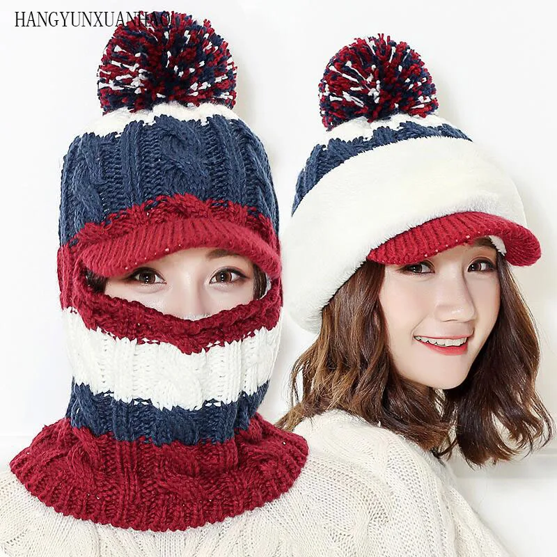 

Female Warm Beanie Hat Riding Snow Caps Winter Women Knitted Hat Scarf Set Hairball Pom Pom Fashion Wool Thickening Hat Collars