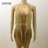 sparkly gold tassel bodysuit rhinestones outfit glisten beads costume one piece dance wear singer stage leotard headdress
