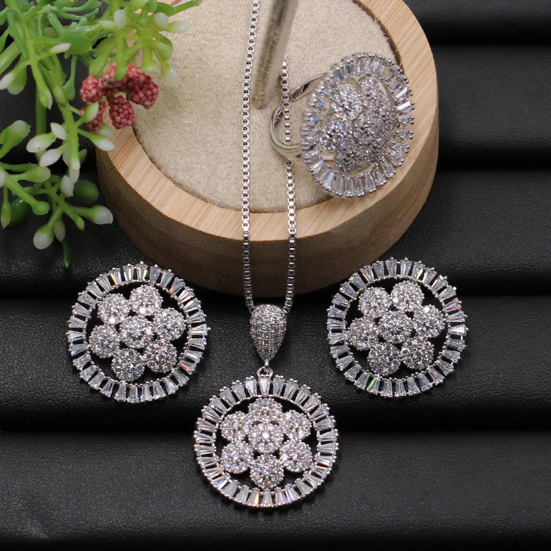 

Lanyika Jewelry Set Hopeful Cute Flower Circle Micro Paved Cubic Zircon Necklace with Earrings and Ring for Banquet Best Gift