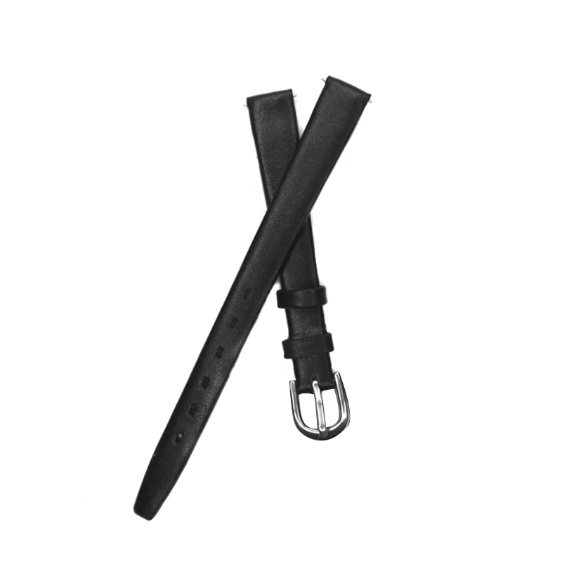 Black Silver Buckle Ремешок для часов YQI из натуральной кожи 10 мм 12 мм тонкий ремешок для часов из телячьей кожи черный коричневый ремешок для часов для женщин и мужчин весенний бар - Цвет ремешка: Black Silver Buckle
