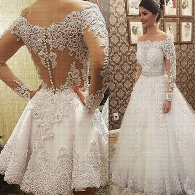 Vestido De Noiva Boat Neck Long Sleeves 2 in 1 Wedding Dress 2021 Luxury Bride Robe Mariee Bridal Gowns | Свадьбы и торжества