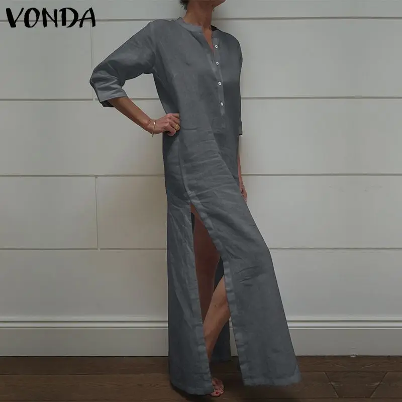 VONDA, женское платье-рубашка, осень, сексуальное, v-образный вырез, на пуговицах, с разрезом, сплошное, макси, Платья для вечеринок, повседневное, свободное, Vestidos, для женщин размера плюс - Цвет: Серый
