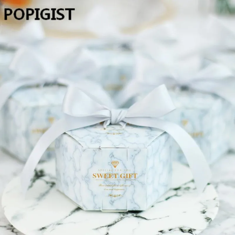 Серебристая мраморная шестиугольная Стильная коробка для конфет Свадебные